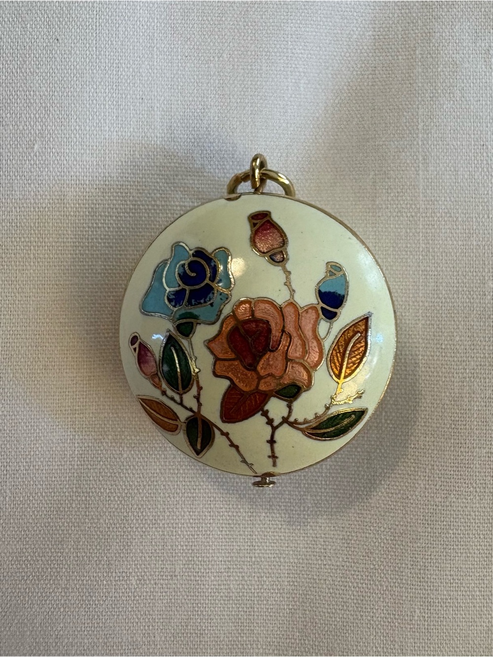 Vintage Floral Enamel Round Locket Pendant in Cream and Multicolor